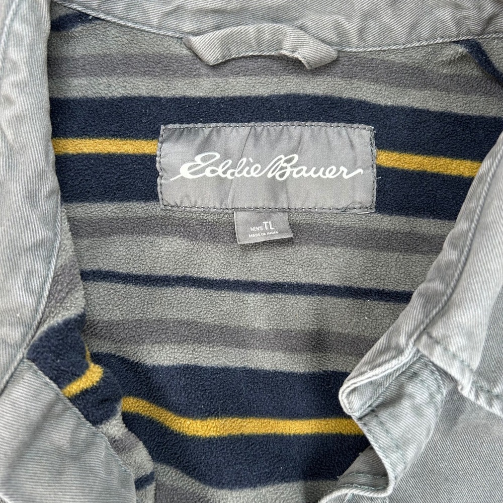 Eddie‎ Bauer Mens Tall Fleece Lined Cotton Twill Shirt Jacket Grey Stripe TL - Picture 6 of 14